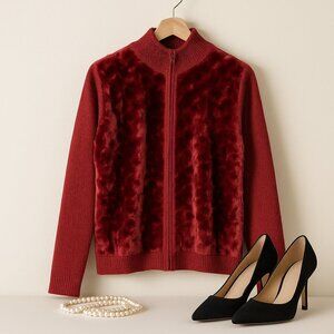 Lisa International Faux Fur Cardigan | Red Zip Sweater | M | Holiday Vintage